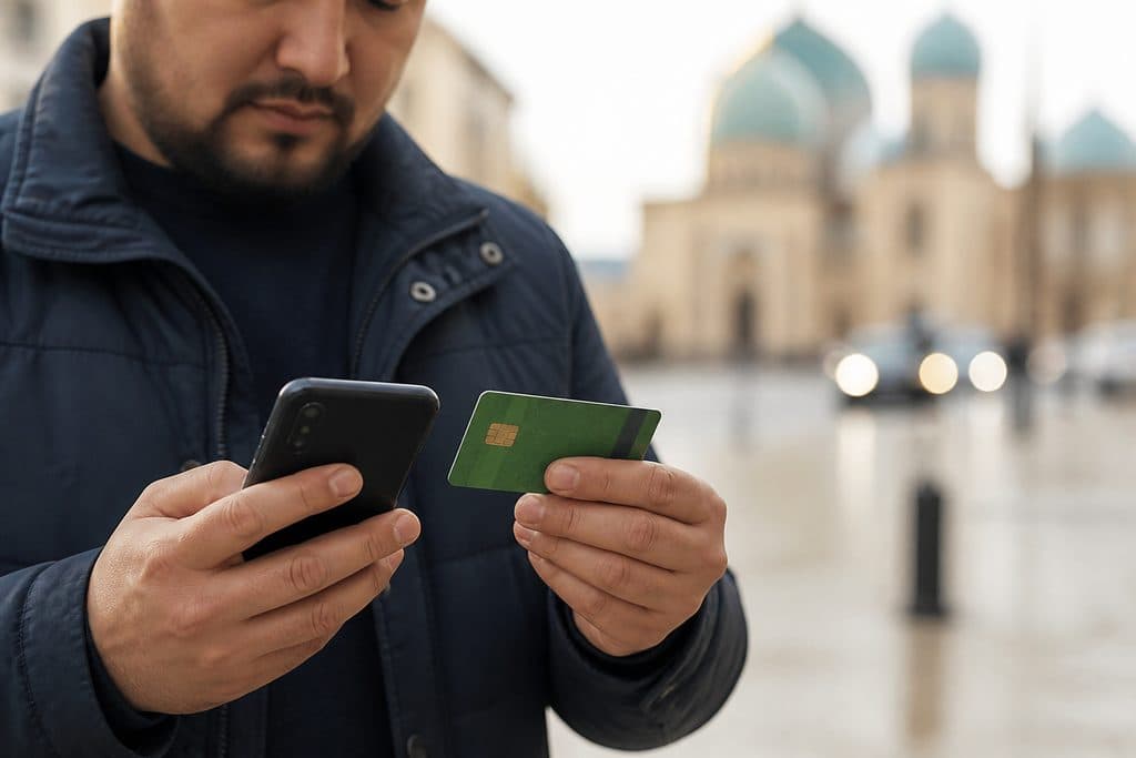 Гражданин Узбекистана держит смартфон и карту российского банка