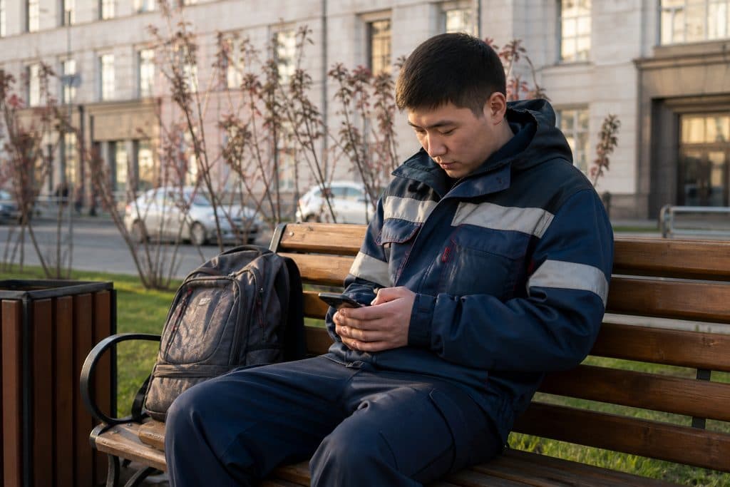 Мигрант оформляет онлайн-займ в телефоне на улице российского города