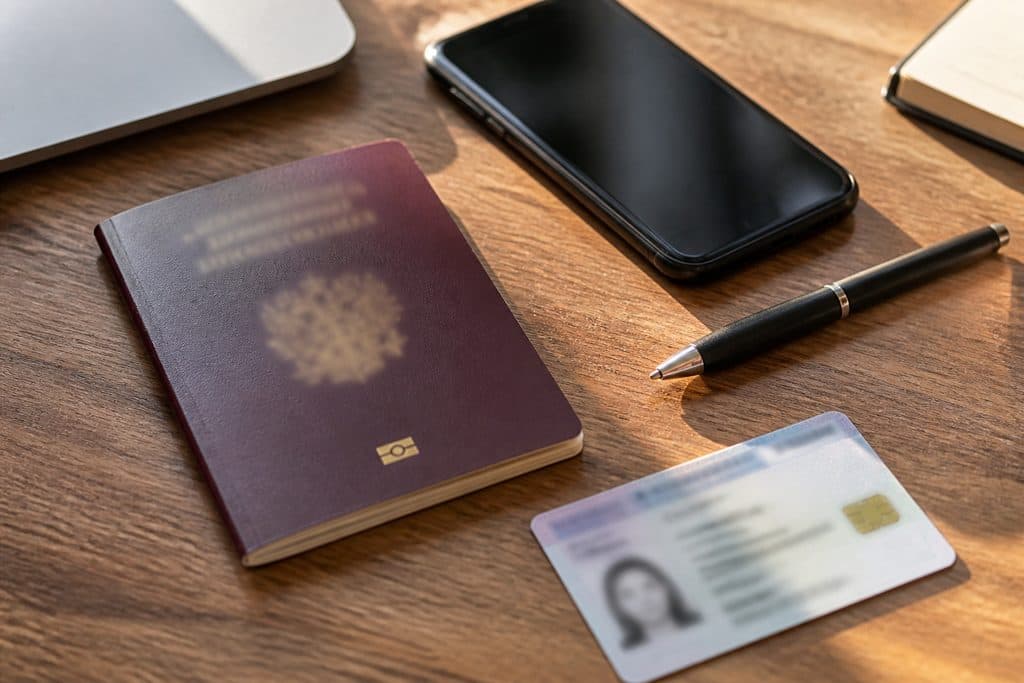 Паспорт, патент и смартфон на столе перед заявкой на микрозайм